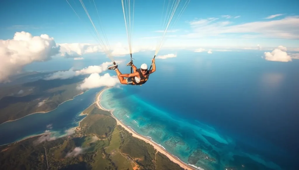Image of a skydiver over Guam's coastline