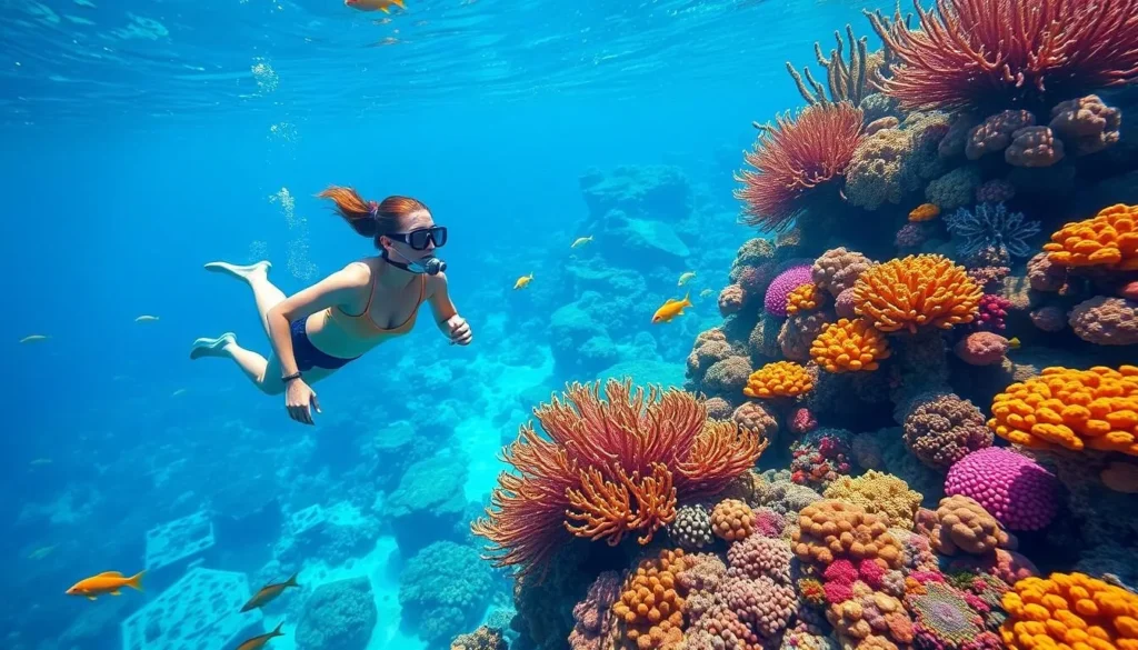 Image of a snorkeler or diver exploring vibrant coral reefs in the Southern Islands, Bahamas