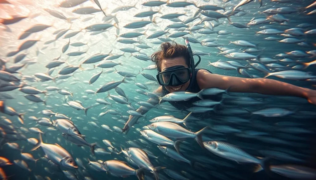 Image of a snorkeler surrounded by a massive school of sardines during the Moalboal Sardine Run