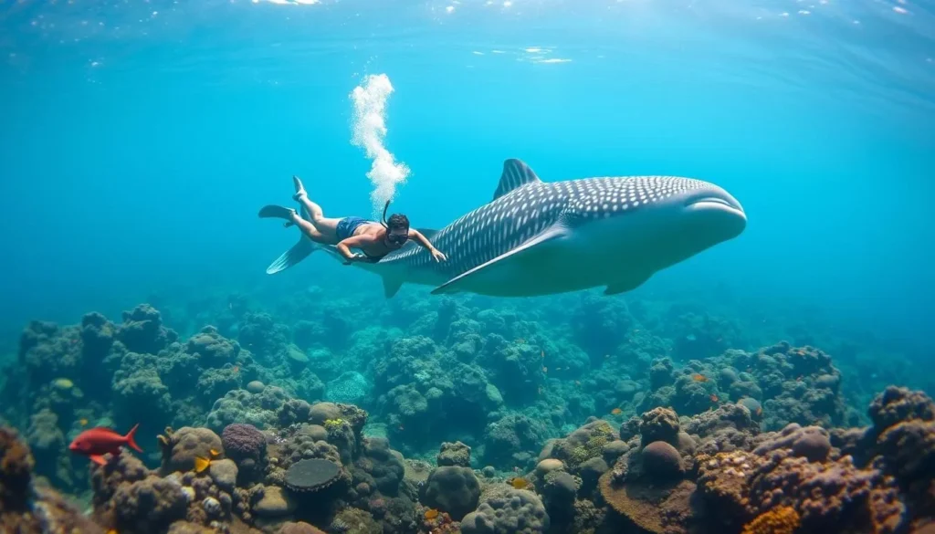 Image of a snorkeler swimming with a whale shark in Oslob
