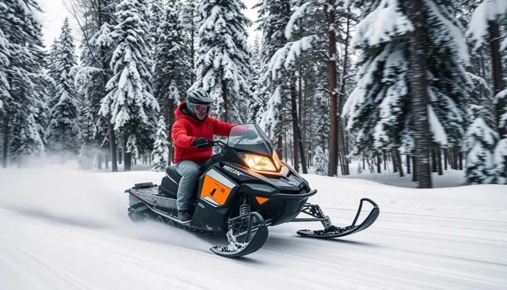 Image of a snowmobiler riding through a snowy forest in Leech Lake, Minnesota