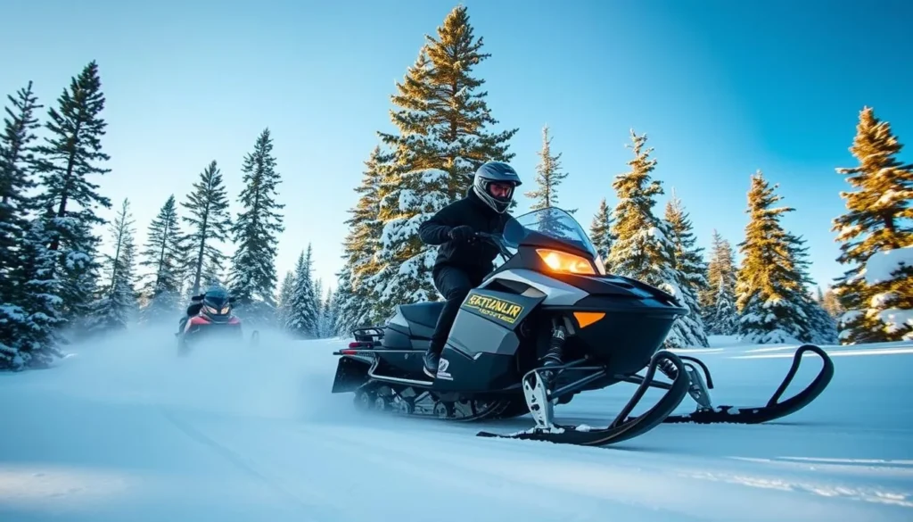 Image of a snowmobiler riding through a snowy trail in Wisconsin