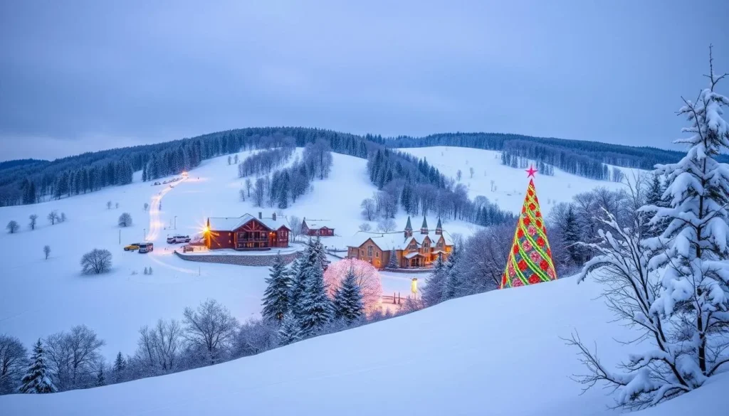 Image of a snowy Iowa landscape with a ski resort or a festive holiday light display