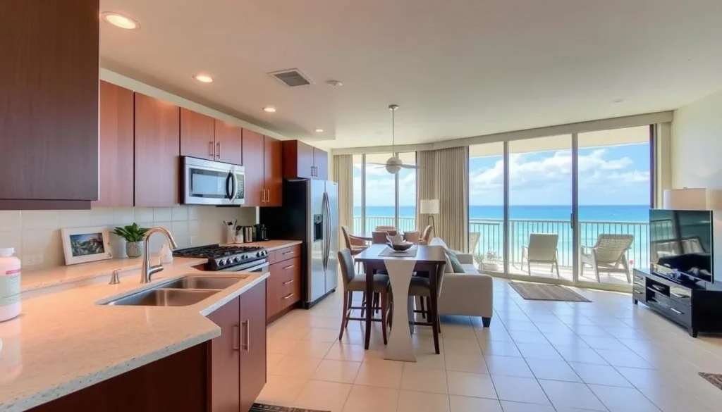 Image of a spacious Marco Island vacation rental condo with a kitchen and ocean view