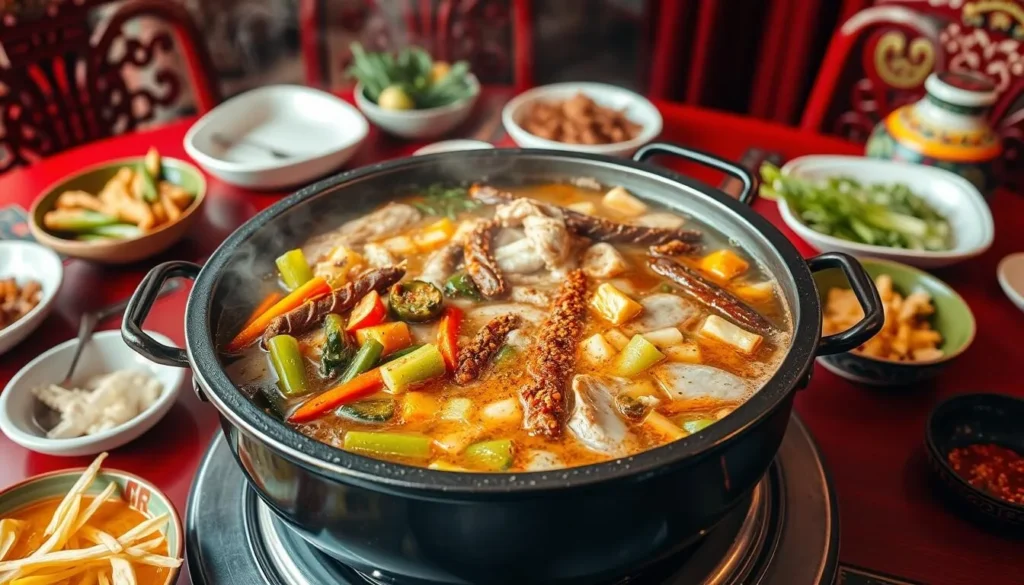 Image of a steaming Sichuan hotpot with various ingredients