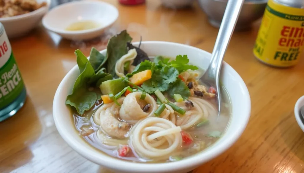 Image of a steaming bowl of noodles at Phnom Penh Noodle Shack