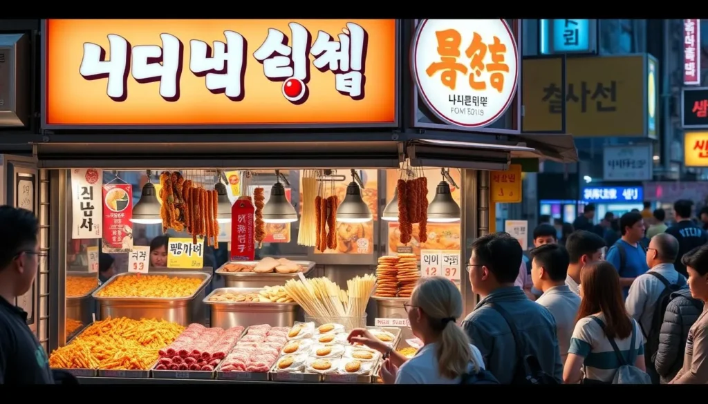 Image of a street food stall in Myeongdong with a variety of snacks