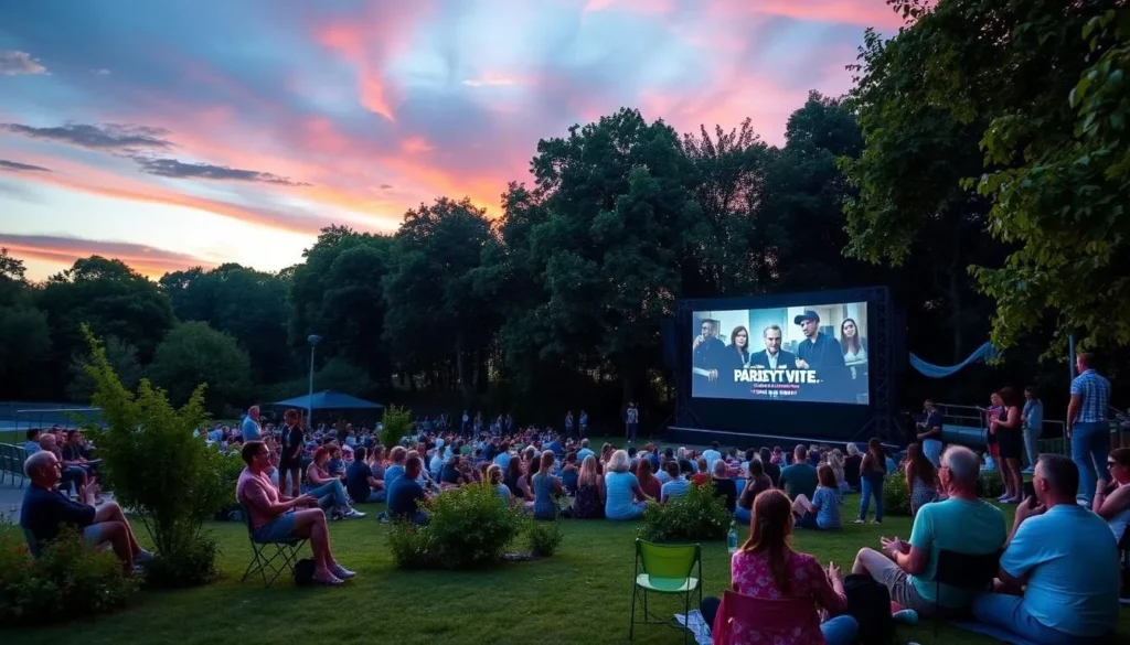 Image of a summer evening at Parc de la Villette with an open-air cinema screening