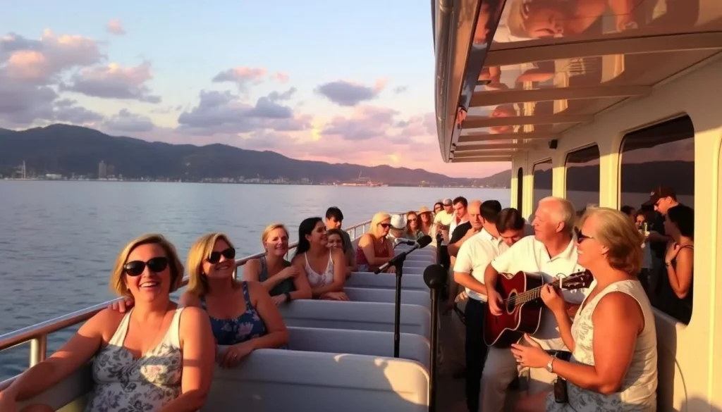Image of a sunset cruise in Naples, with passengers enjoying the view and live music