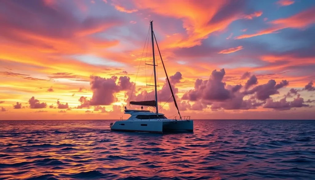 Image of a sunset cruise in Providenciales with a catamaran sailing into the colorful sunset.