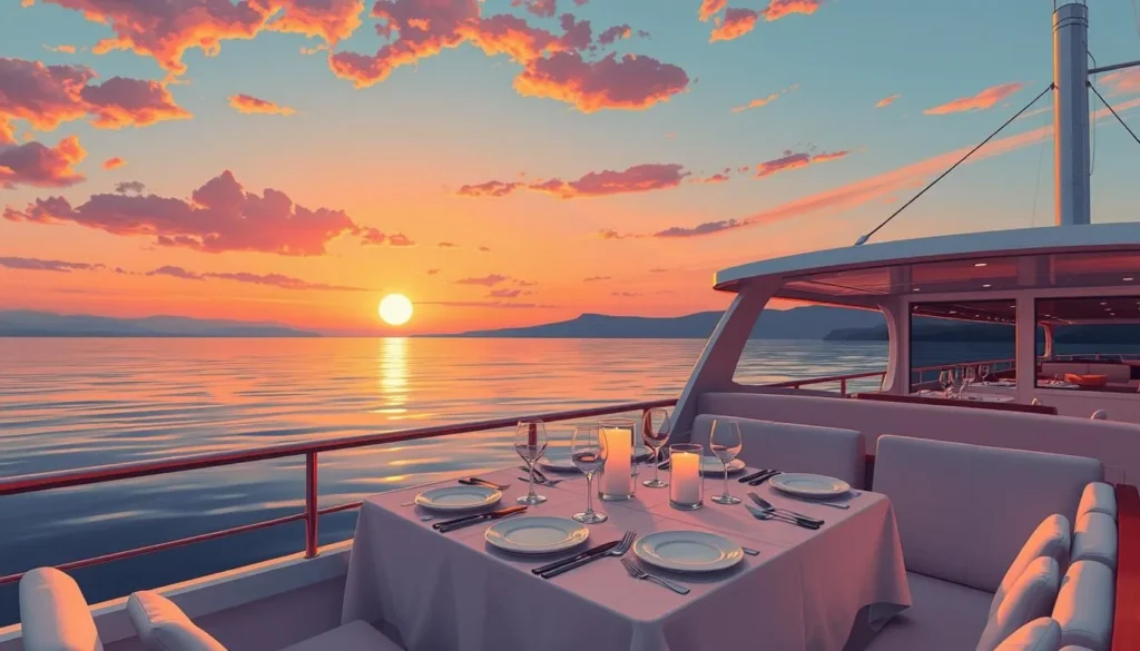Image of a sunset cruise with a delicious dinner setup on a boat