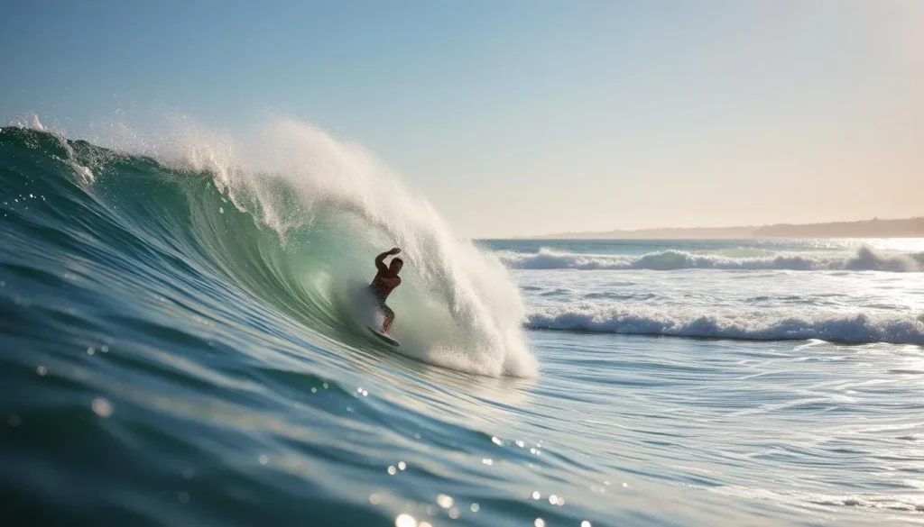Image of a surfer riding a wave in York, Maine