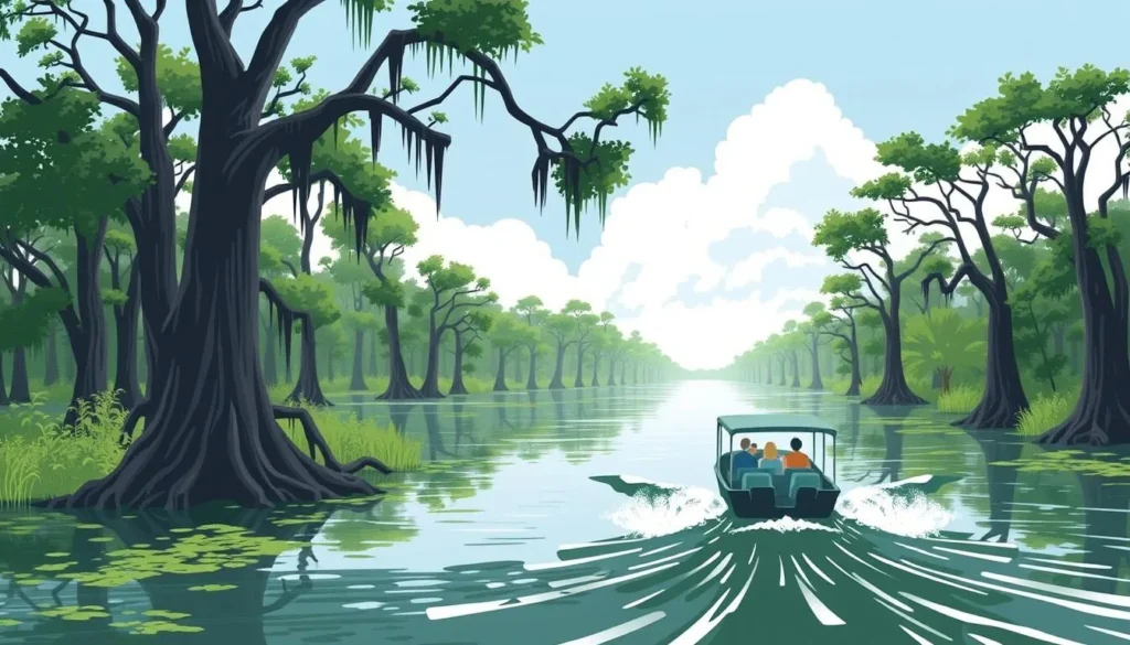 Image of a swamp tour in the Atchafalaya Basin with a boat navigating through cypress trees.