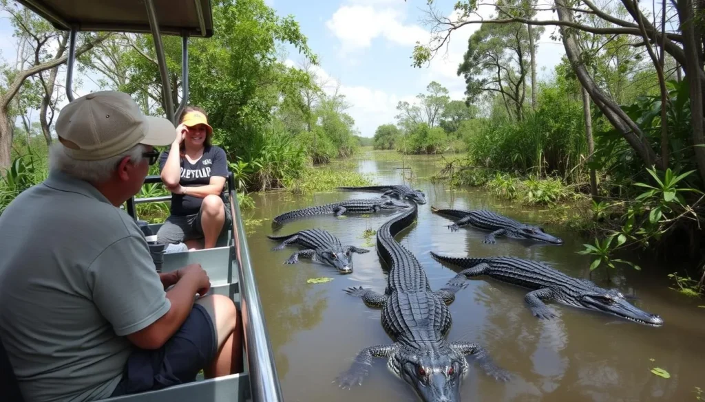 Image of a swamp tour with a guide and alligators