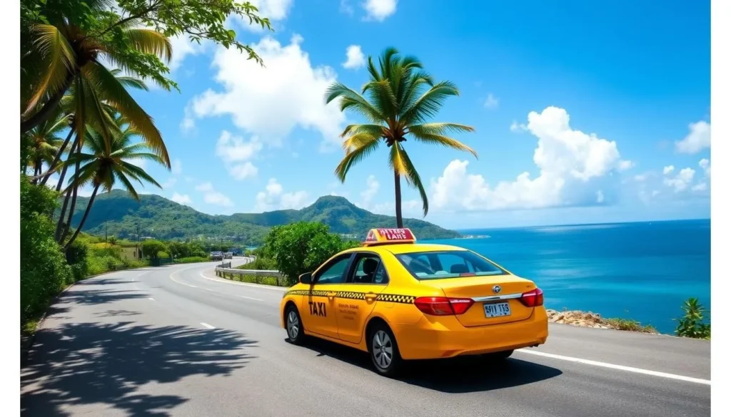 Image of a taxi driving along a scenic route in St. Kitts
