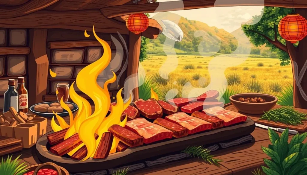 Image of a traditional Argentine asado with various cuts of meat being grilled over wood embers.