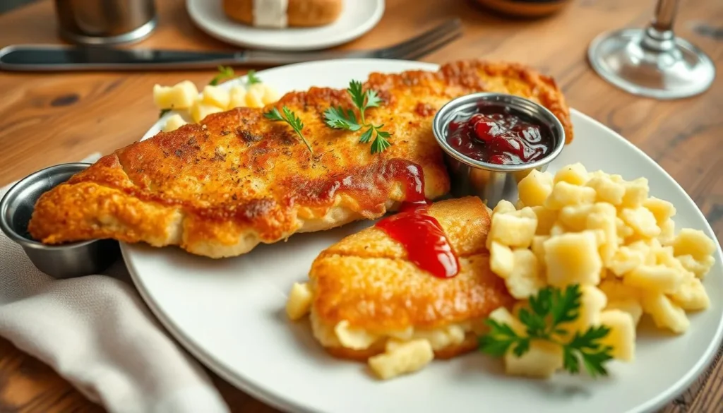 Image of a traditional Austrian meal with Wiener Schnitzel, potato salad, and lingonberry jam Image of a traditional Austrian meal with Wiener Schnitzel, potato salad, and lingonberry jam
