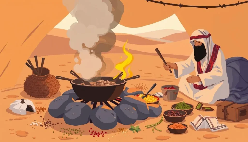 Image of a traditional Bedouin Zarb dinner being prepared in a desert camp