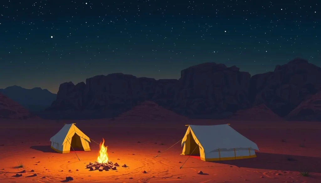 Image of a traditional Bedouin camp in Wadi Rum at night with a campfire and stars