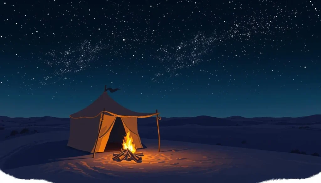 Image of a traditional Bedouin tent in the Negev Desert with a campfire and starry night sky