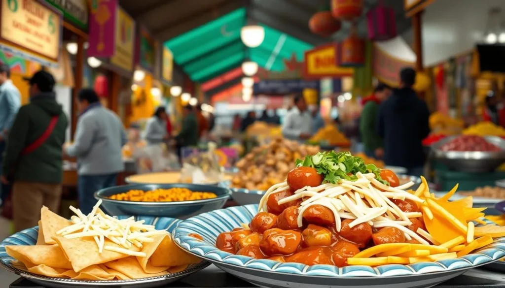 Image of a traditional Bolivian dish, such as salteñas or anticuchos, being served in a vibrant market setting.