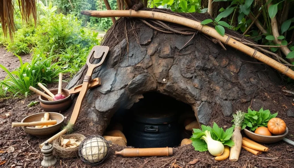 Image of a traditional Cook Islands umu (underground earth oven) cooking setup
