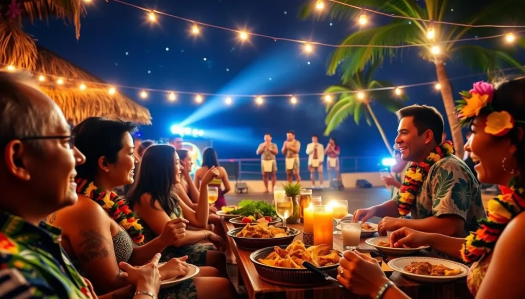Image of a traditional Hawaiian luau with people enjoying local cuisine and live performances.