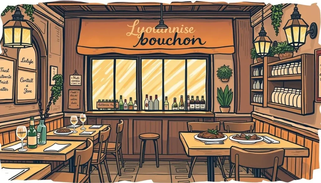 Image of a traditional Lyonnaise bouchon with a cozy atmosphere and delicious dishes