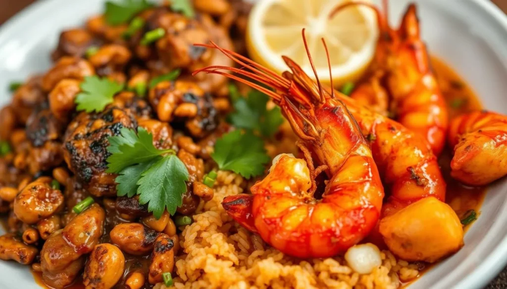 Image of a traditional Mozambican dish, such as peri-peri prawns or matapa