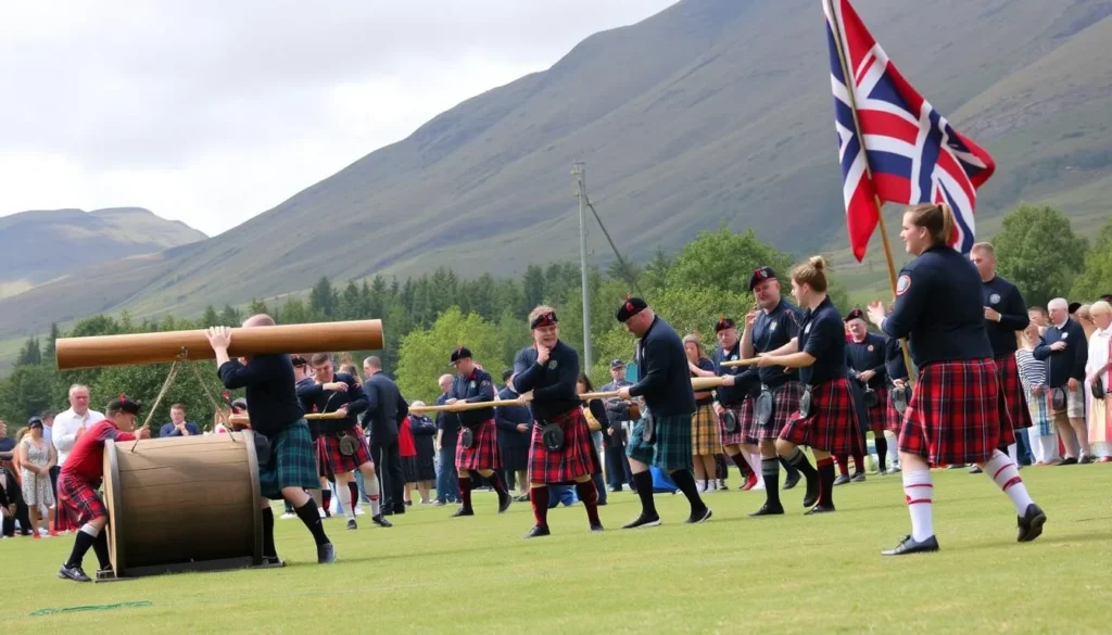 Image of a traditional Scottish Highland Games event with athletes competing