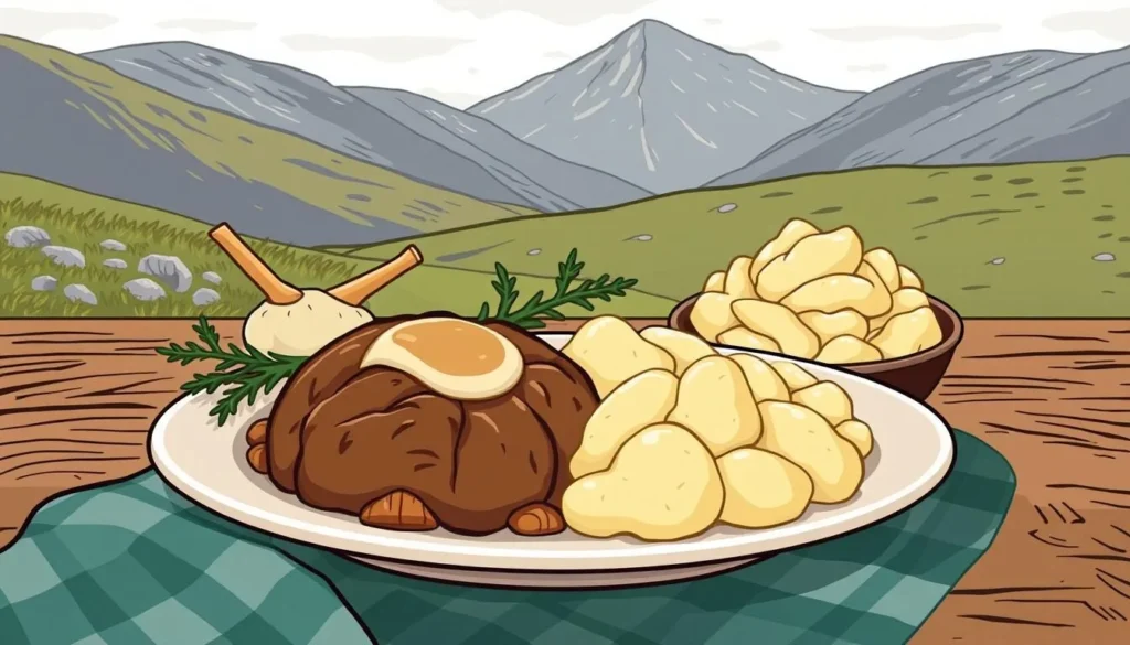 Image of a traditional Scottish dish, such as haggis, neeps, and tatties