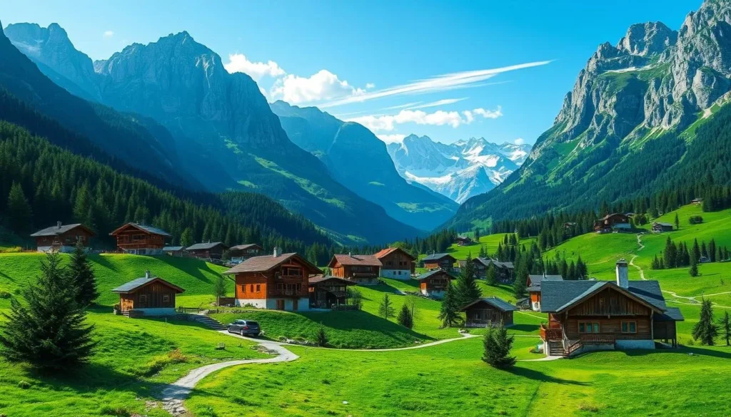 Image of a traditional Slovak mountain village with wooden houses and lush green surroundings