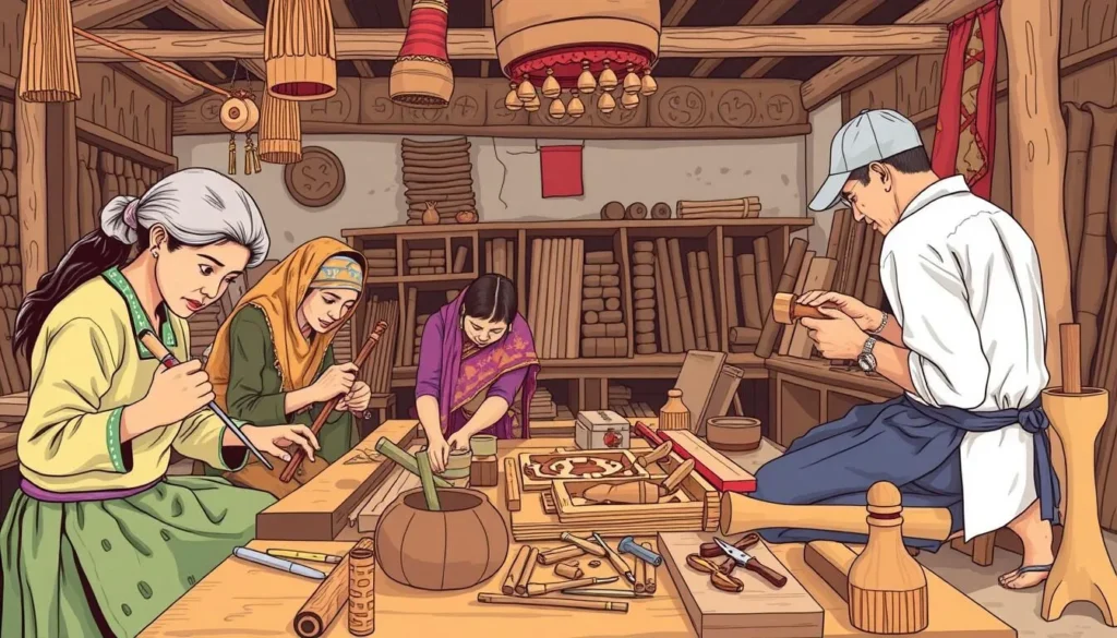 Image of a traditional craft workshop in Kathmandu where participants are learning wood carving