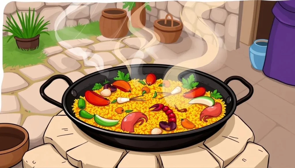 Image of a traditional paella dish being cooked in a pan
