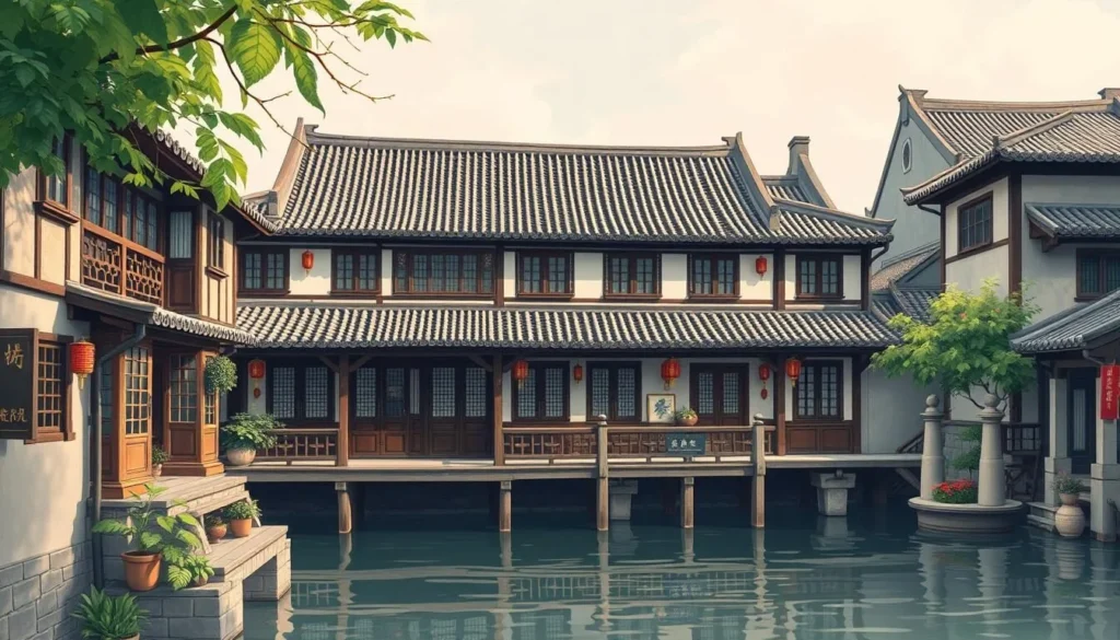 Image of a traditional teahouse in Zhujiajiao with canals and ancient architecture