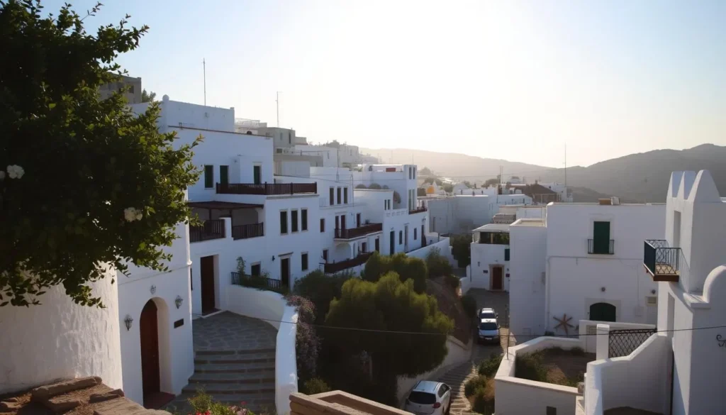 Image of a traditional village in Kos with white-washed houses and narrow streets