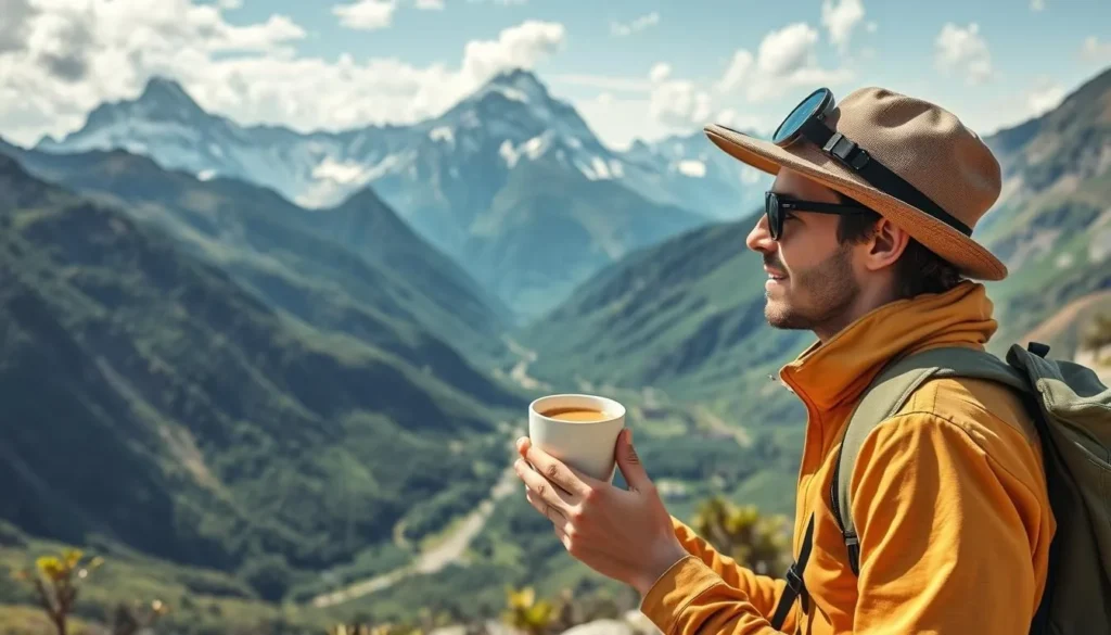 Image of a traveler drinking coca tea at a high altitude