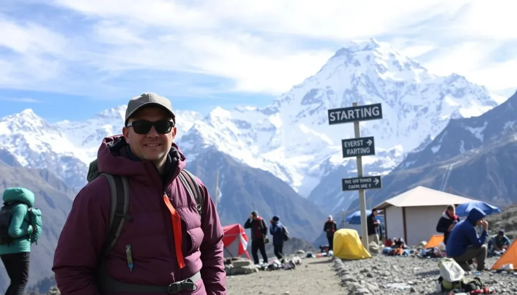 Image of a trekker at the start of the Everest Base Camp trek from Lukla