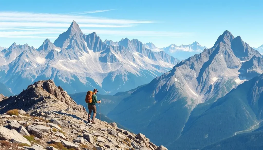 Image of a trekker crossing a high pass with a stunning mountain view