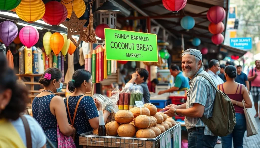Image of a vendor selling coconut bread at New Market