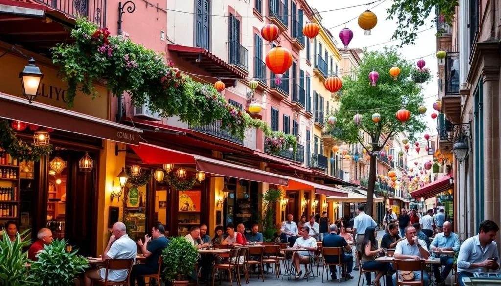 Image of a vibrant Córdoba street with various restaurants and cafés