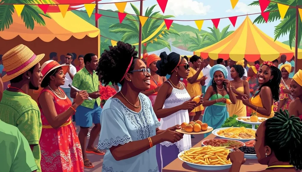 Image of a vibrant Grenadian festival with music, dance, and local cuisine