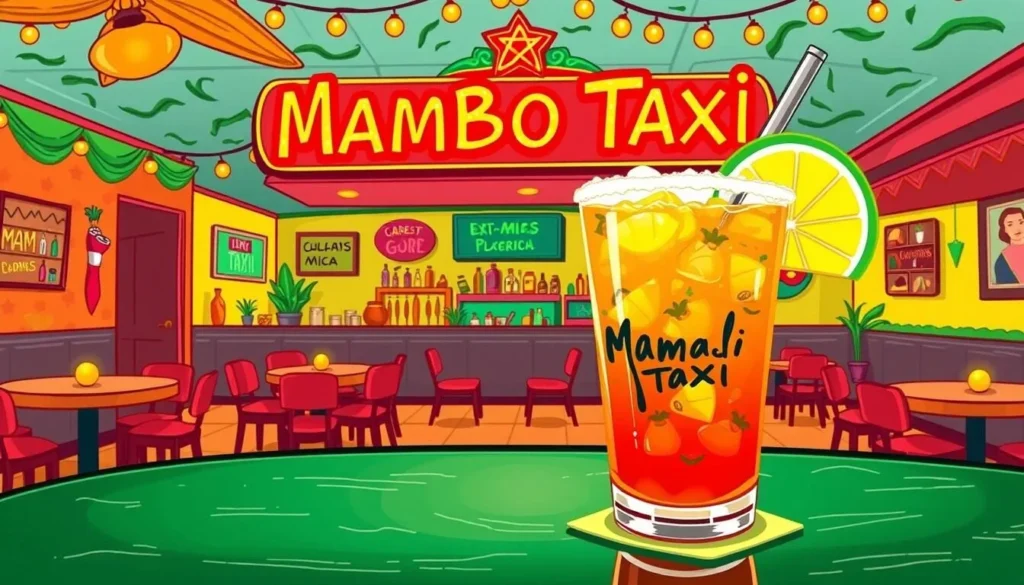 Image of a vibrant Tex-Mex restaurant with a "Mambo Taxi" margarita