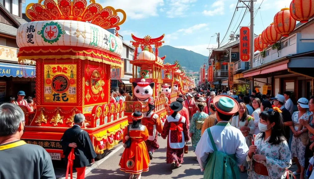 Image of a vibrant Yamaguchi festival with traditional costumes and floats