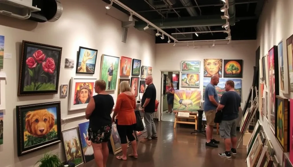 Image of a vibrant downtown Muncie art gallery with local artists showcasing their work
