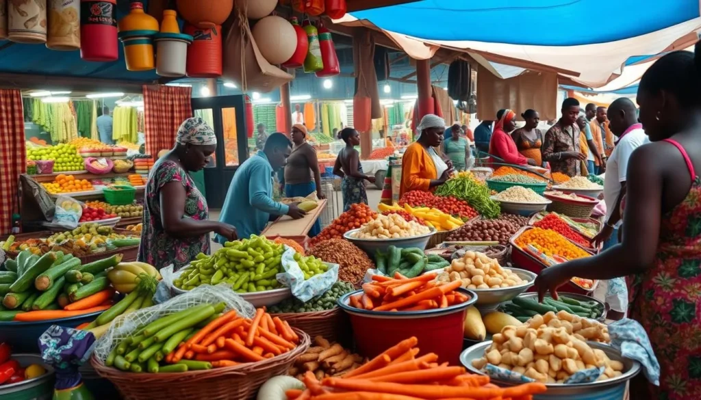 Image of a vibrant food market in Gambia with fresh produce and local dishes