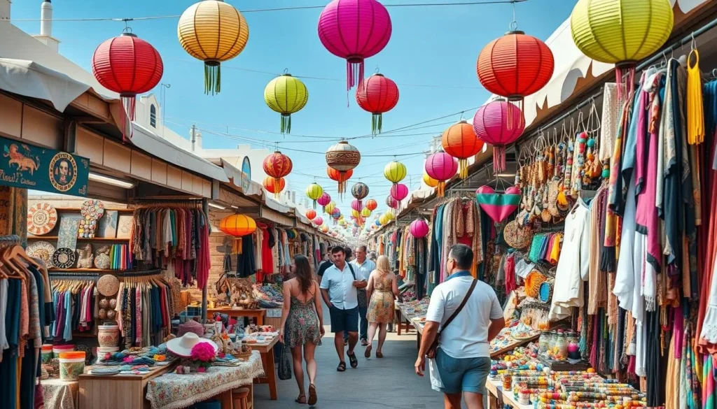 Image of a vibrant hippie market in Ibiza with stalls selling handmade crafts and clothing