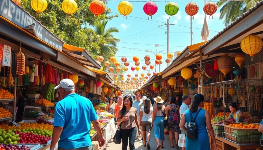 Image of a vibrant market scene in La Plata