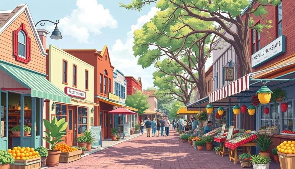 Image of a vibrant shopping district in Gainesville, Florida, featuring a mix of boutiques, antique stores, and farmers market stalls.