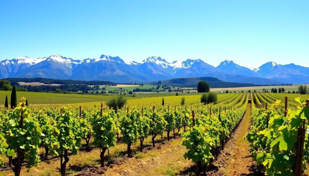 Image of a vineyard in Central Otago with a backdrop of mountains.